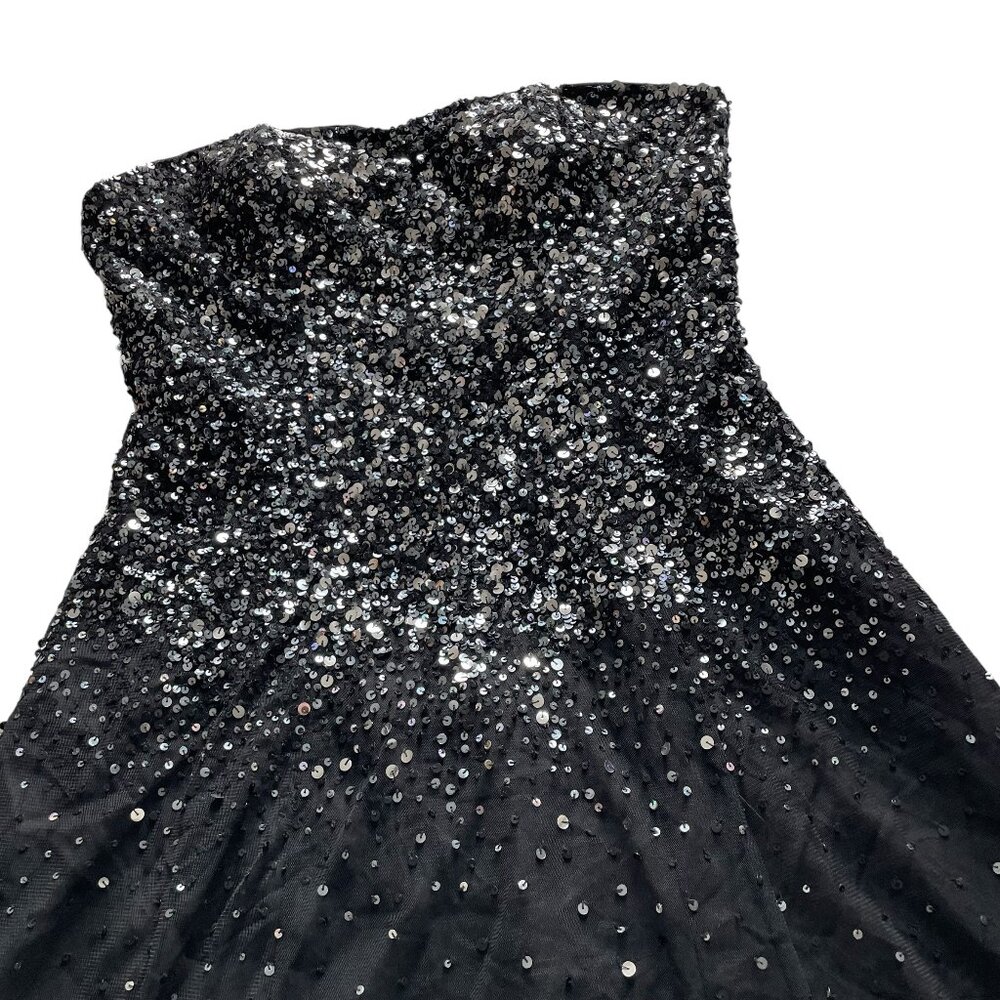 Scala Strapless Mini Cocktail Dress XL Black Silver Sequins Tulle Skirt Party
